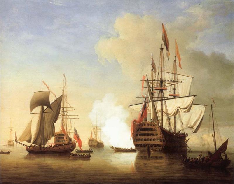 Monamy, Peter Stern view of the Royal William firing a salute oil painting image